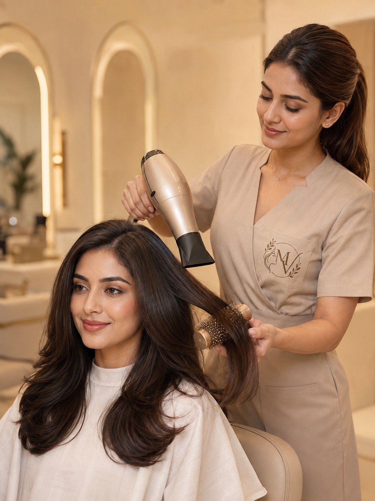 Hairstylist blow-drying a client's hair at Magnify By Varsha
