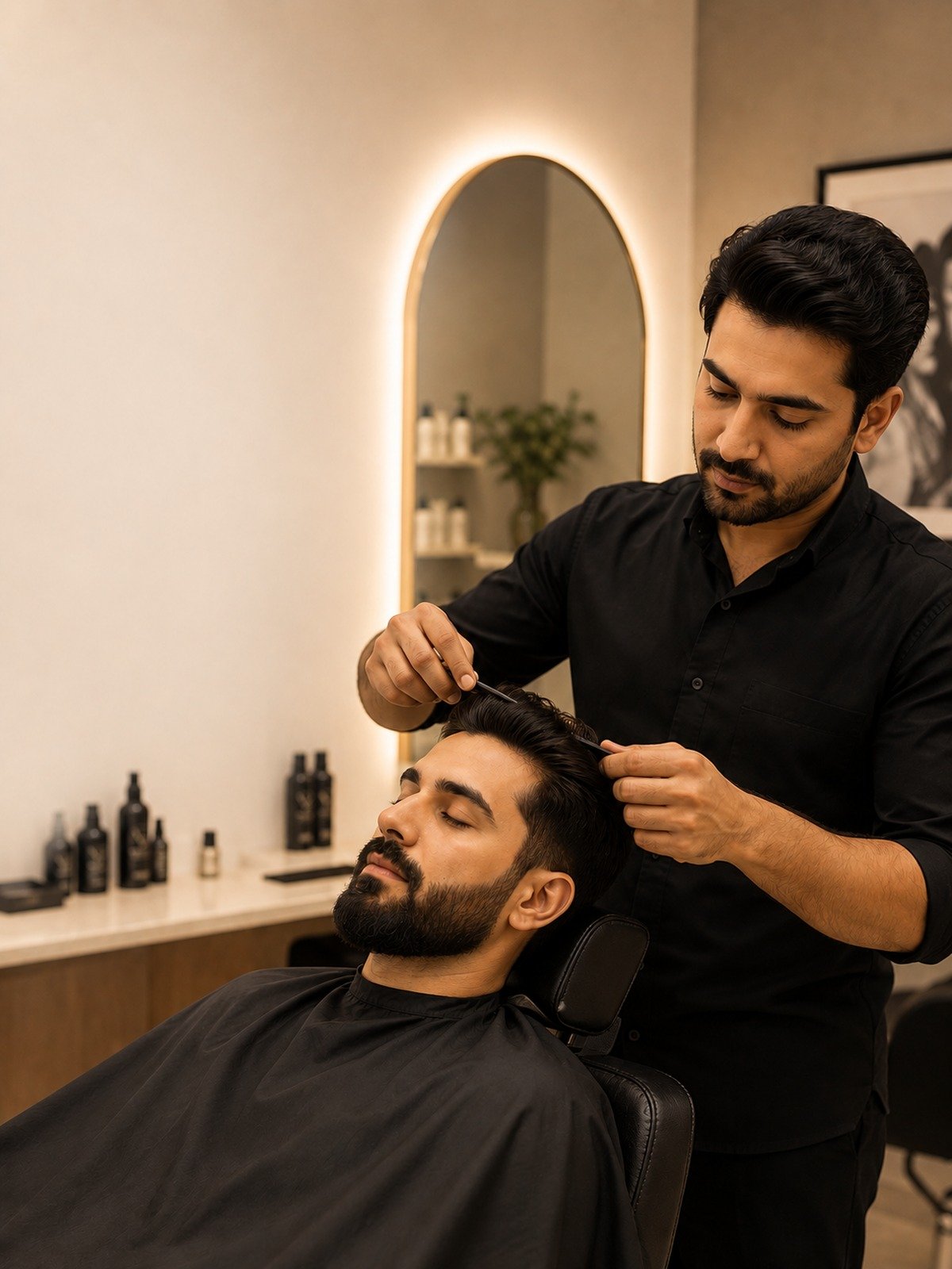 Barber styling a male client's hair at Magnify By Varsha